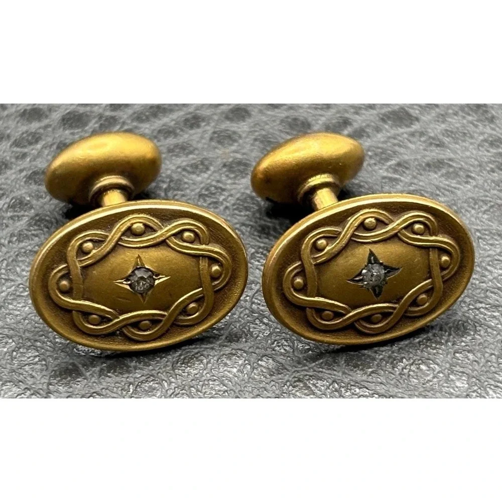 Antique Victorian Gold Filled Cufflinks Paste Stone Star Burst Swirl Bean Back